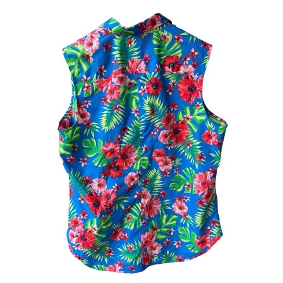 Lands End Shirt Top Blouse Button Up Sleeveless Tropical Floral Supima Cotton 14 - Picture 3 of 7